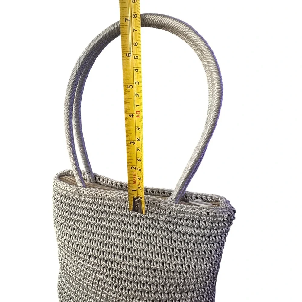 Silver Metallic Gray Crochet Shoulder Bag Floral Zip Tote Handcrafted VTG EUC